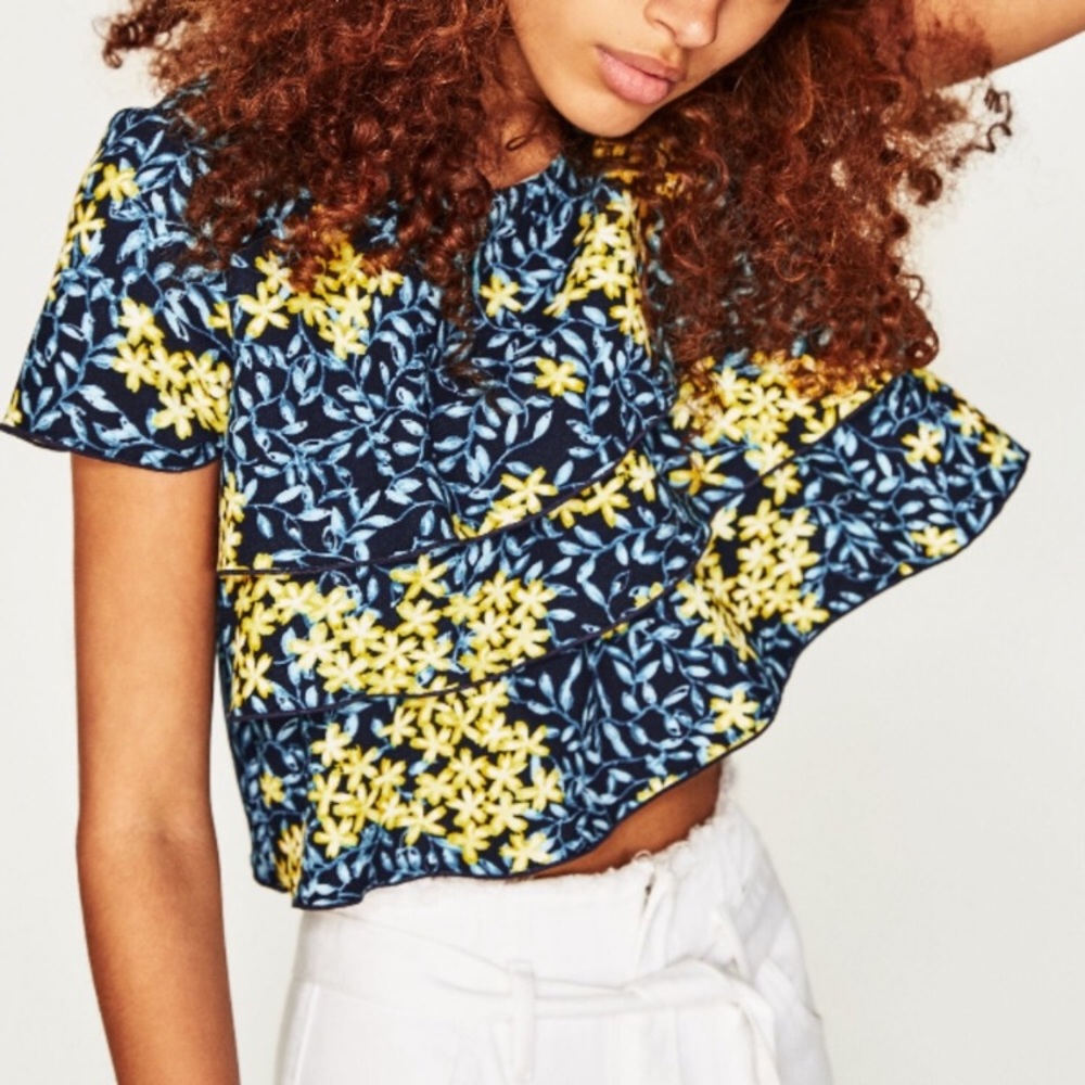 New Zara Tiered Crop Top Navy Yellow